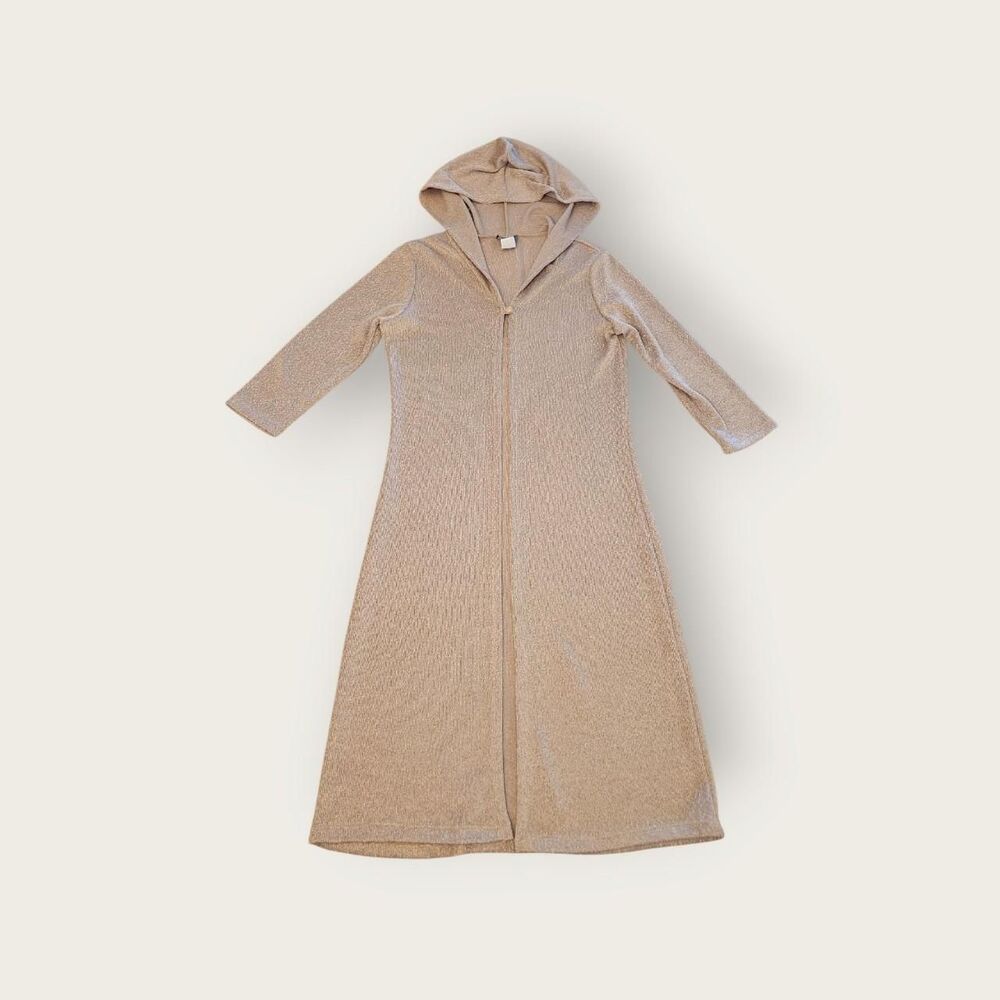 Vintage Y2k Rave gold stretchy one button 3/4 sleeve hooded duster cardigan